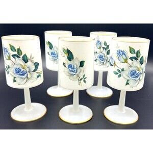 Norleans Frosted Wine Glass White Satin Art Italy Blue Flowers 24K Gold Trim Set